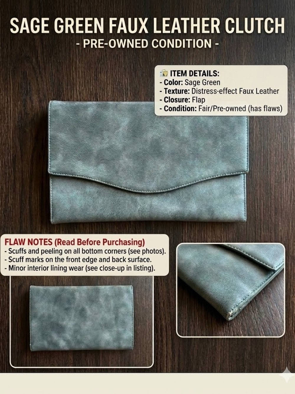 Source Unknown Sage Green Faux Leather Clutch
